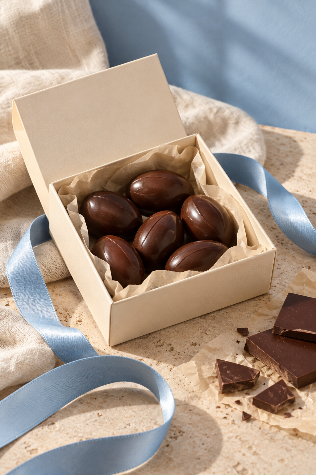 Imagen conceptual: caja crema con chocolates ovalados y una cinta celeste